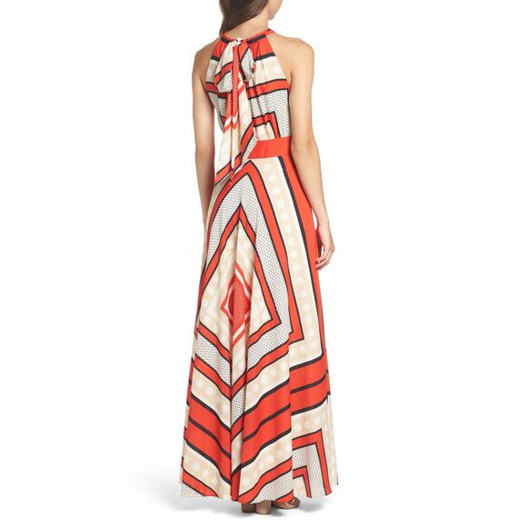 Eliza J Halter Maxi Dress Geometric Print Orange Beige Size 14 Wedding Resort - Picture 2 of 8